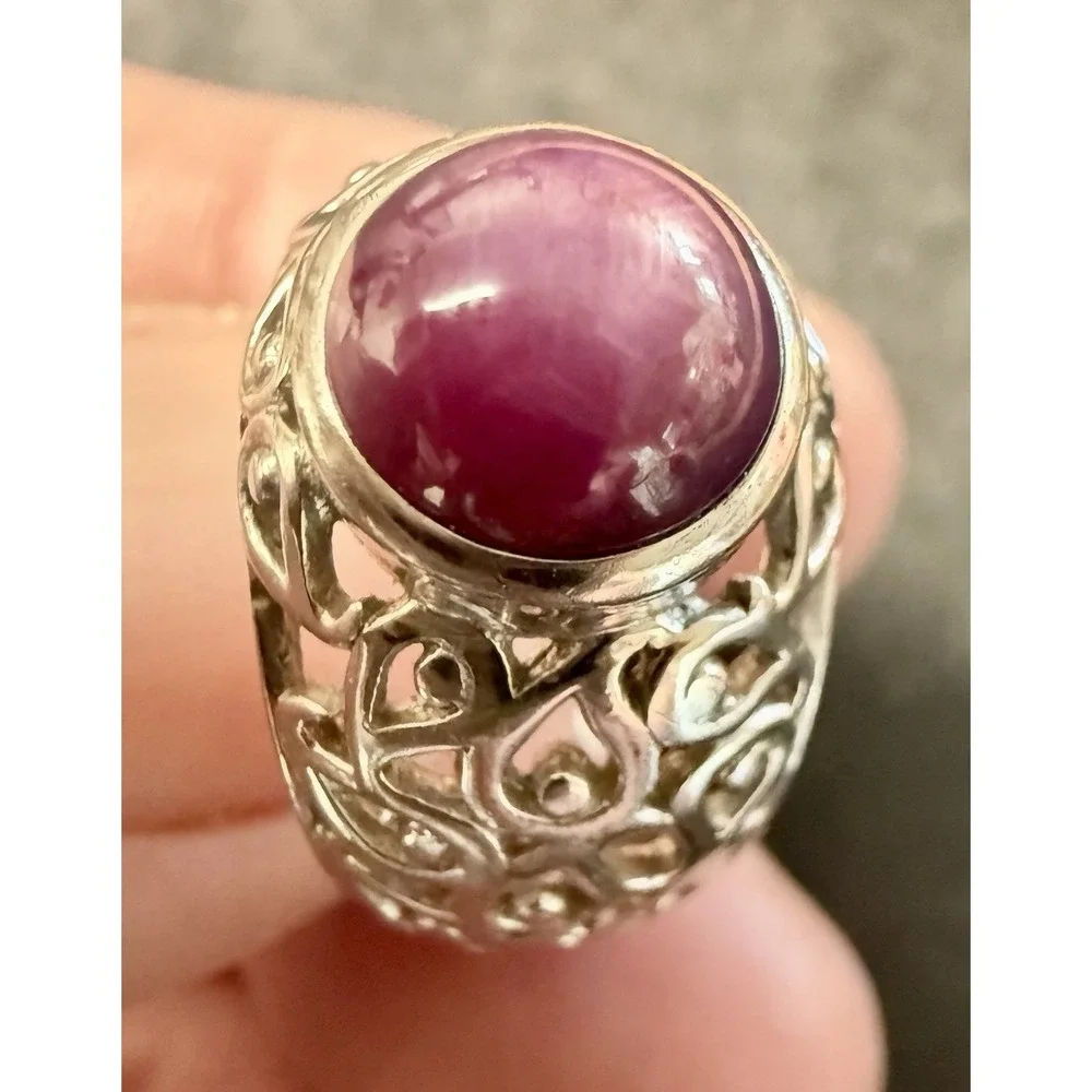Vintage KNR 925 Sterling Silver India Red Cabochon Gemstone Ring Size 5
